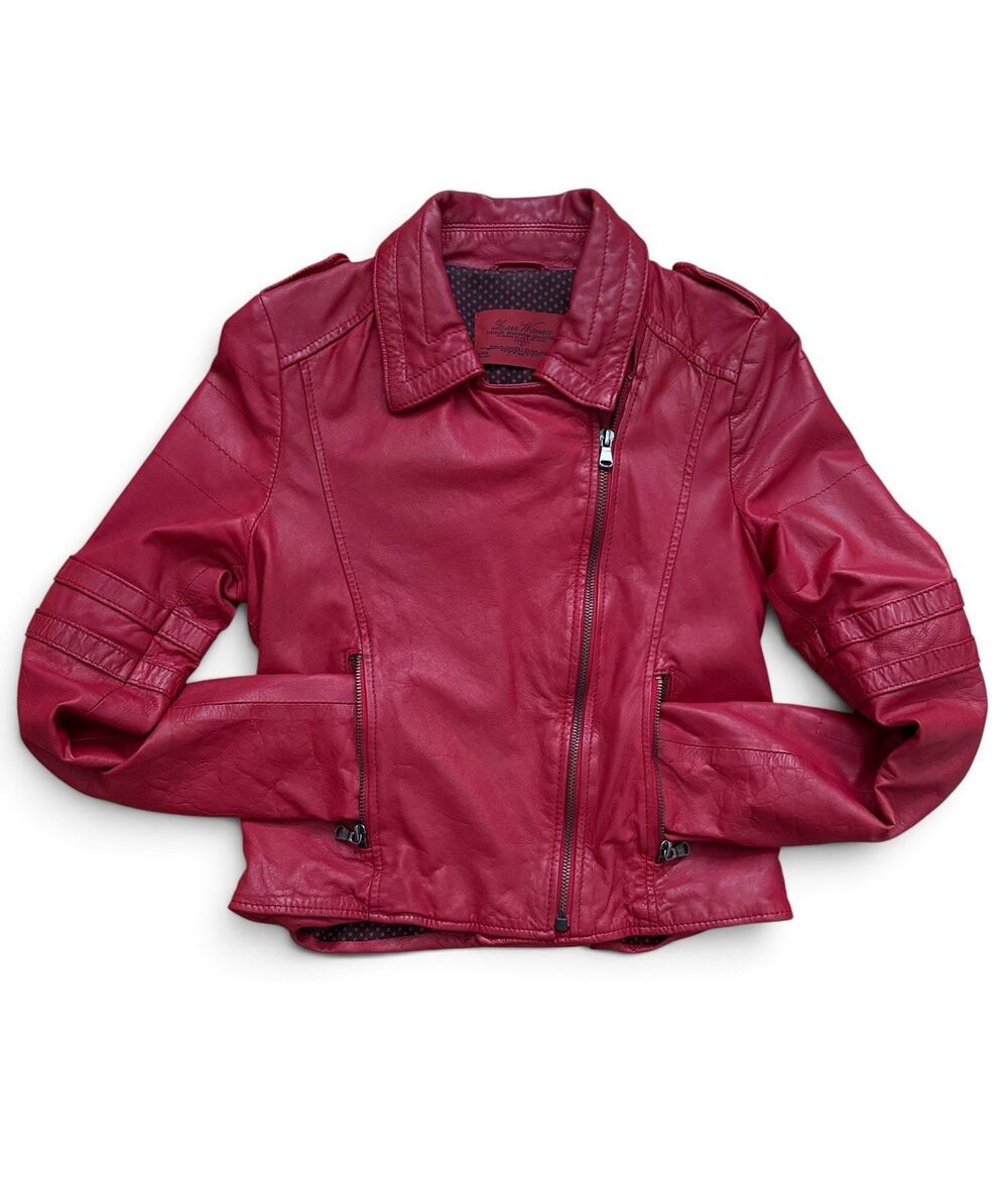 Zara Woman Premium Red Lamb Leather Moto Jacket Size S Cropped Biker Zip Pockets